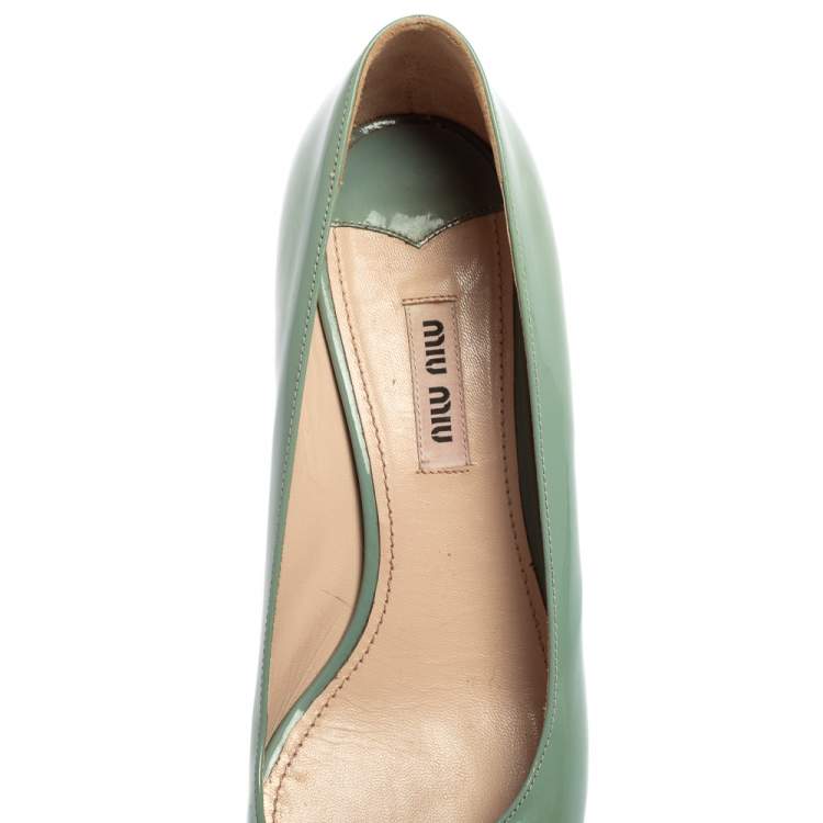 Pre Owned Miu Miu Teal Green Patent Leather Embellished Heel Peep Toe Pumps Size 37