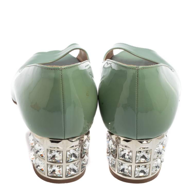 Pre Owned Miu Miu Teal Green Patent Leather Embellished Heel Peep Toe Pumps Size 37