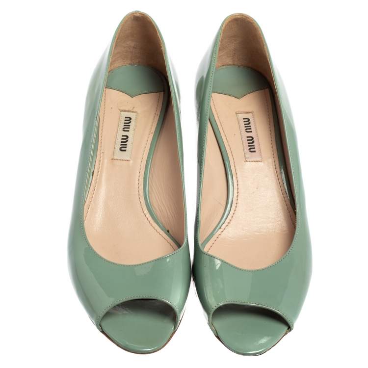 Pre Owned Miu Miu Teal Green Patent Leather Embellished Heel Peep Toe Pumps Size 37