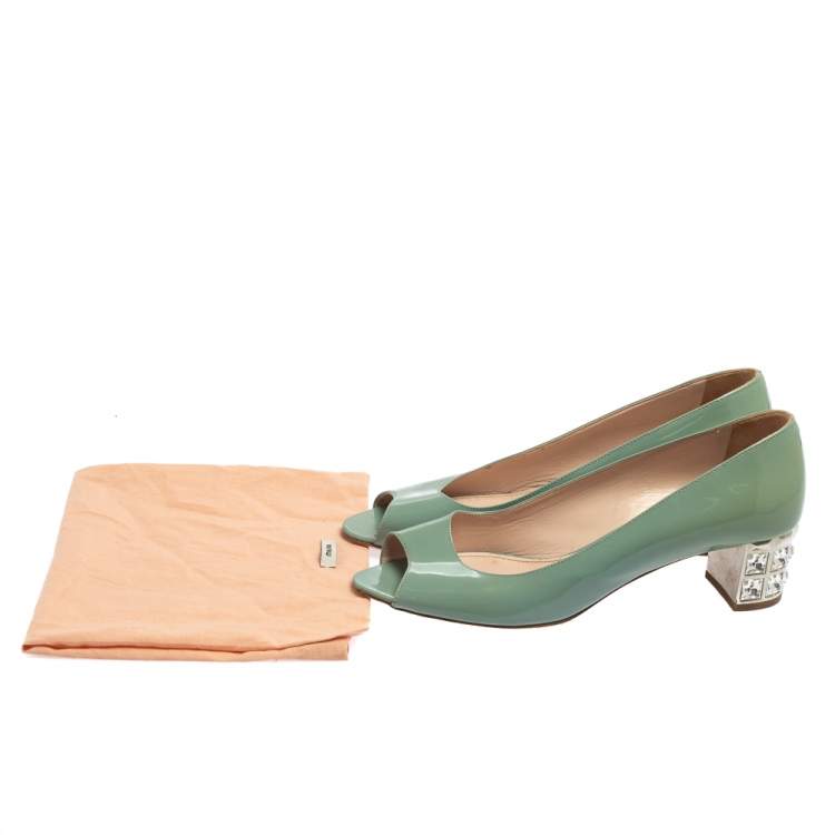 Pre Owned Miu Miu Teal Green Patent Leather Embellished Heel Peep Toe Pumps Size 37