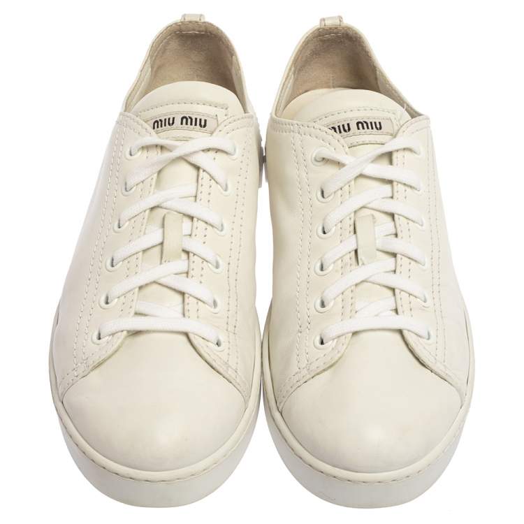 Pre Owned Miu Miu White Leather Low Top Sneaker Size 40.5