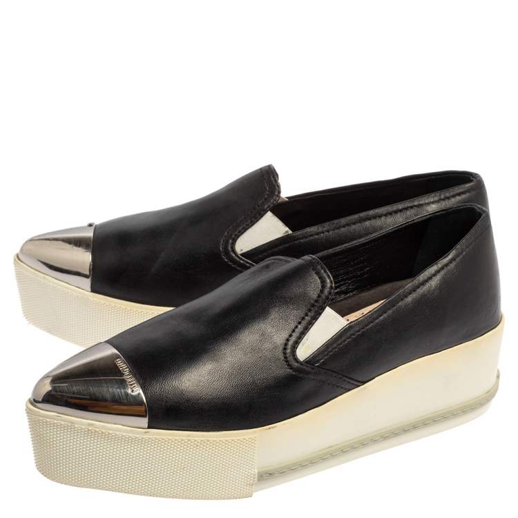 Pre Owned Miu Miu Black Leather Metal Cap Toe Slip On Sneakers Size 37