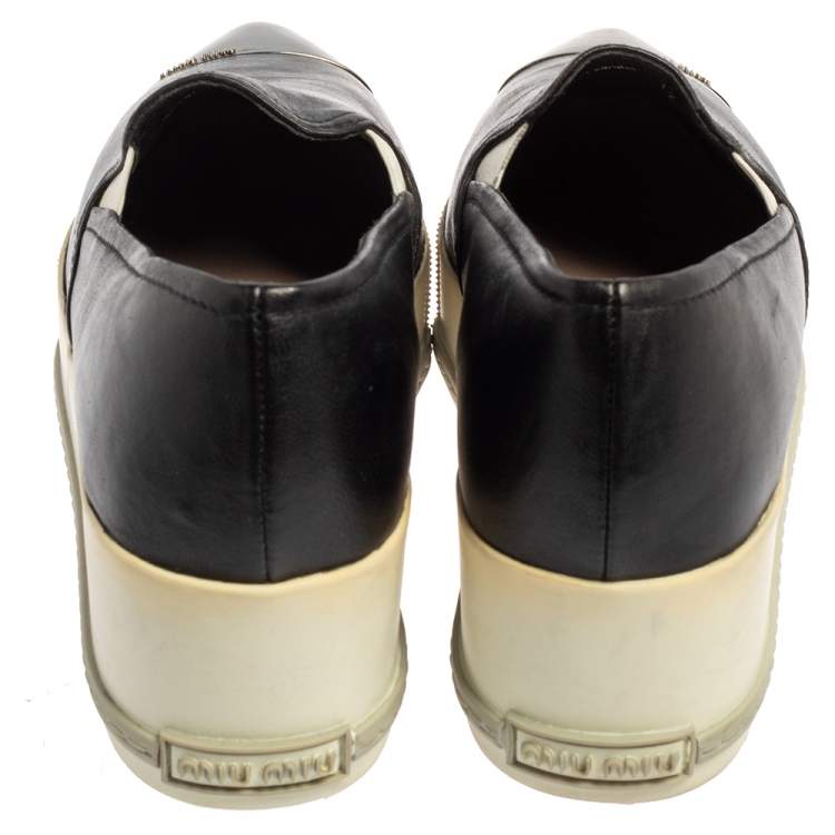 Pre Owned Miu Miu Black Leather Metal Cap Toe Slip On Sneakers Size 37