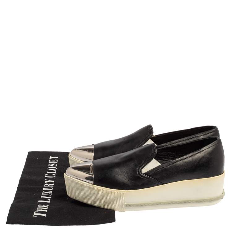 Pre Owned Miu Miu Black Leather Metal Cap Toe Slip On Sneakers Size 37