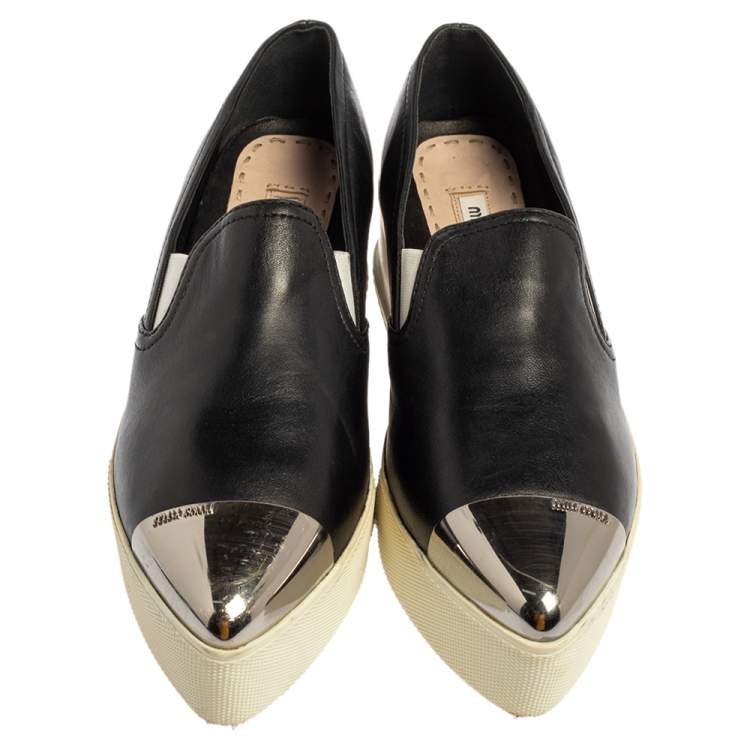 Pre Owned Miu Miu Black Leather Metal Cap Toe Slip On Sneakers Size 37