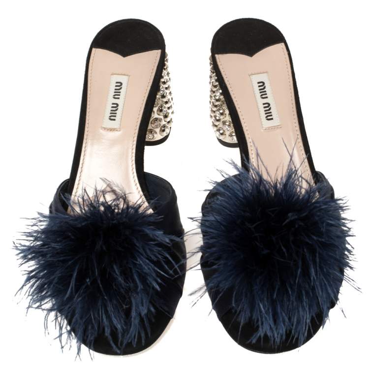Pre Owned Miu Miu Blue Satin Feather and Crystal Embellished Heel Mules Size 39