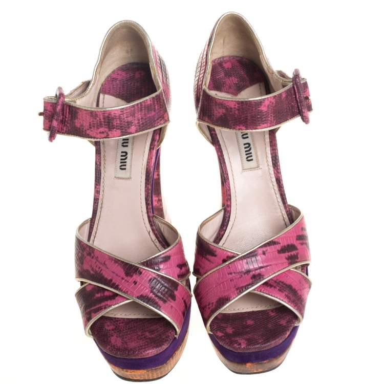 Pre Owned Miu Miu Pink Python Embossed Leather Platform Sandals Size 36.5