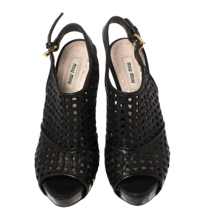 Pre Owned Miu Miu Black Leather Laser Cut Peep Toe Slingback Sandals Size 35