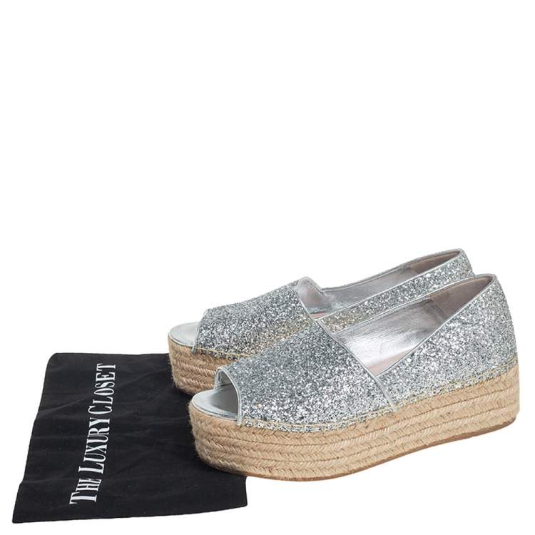 Pre Owned Miu Miu Silver Coarse Glitter Platform Wedge Open Toe Espadrilles Size 39