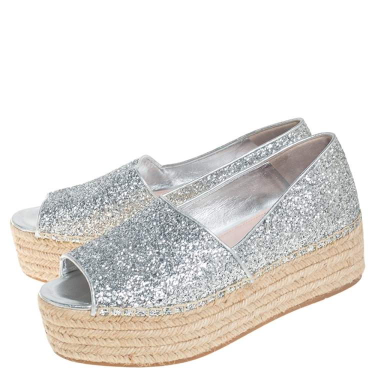 Pre Owned Miu Miu Silver Coarse Glitter Platform Wedge Open Toe Espadrilles Size 39