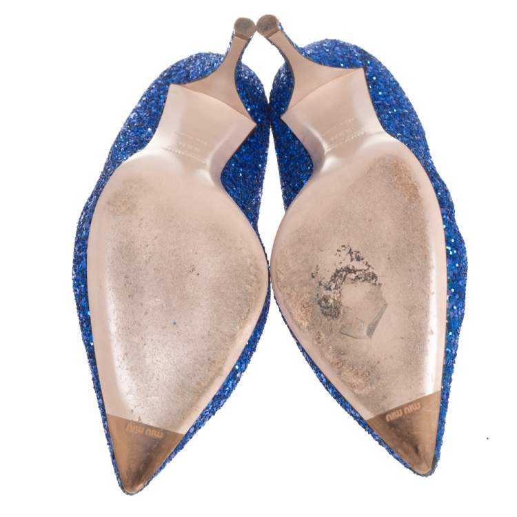 Pre Owned Miu Miu Blue Glitter Pointed Toe Pumps Size 39.5
