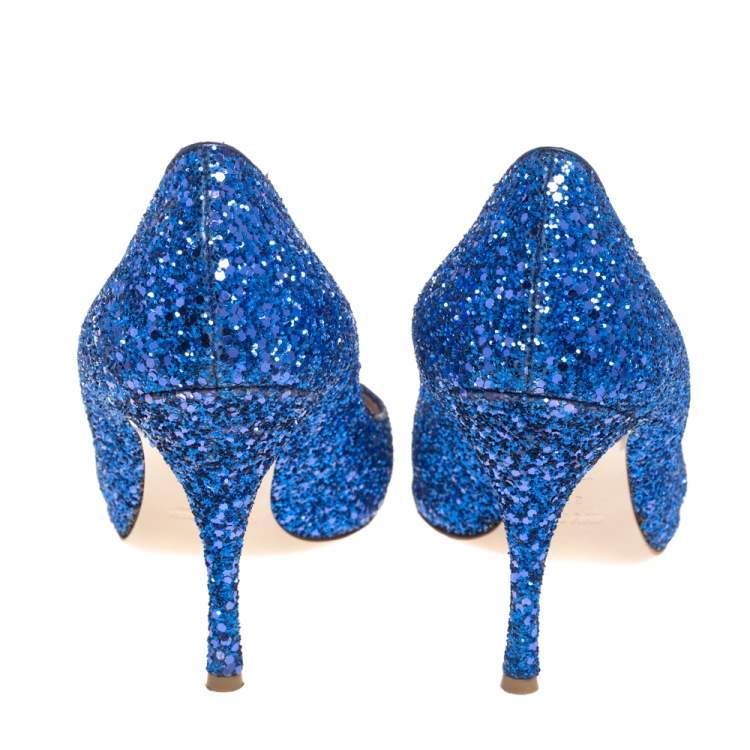 Pre Owned Miu Miu Blue Glitter Pointed Toe Pumps Size 39.5