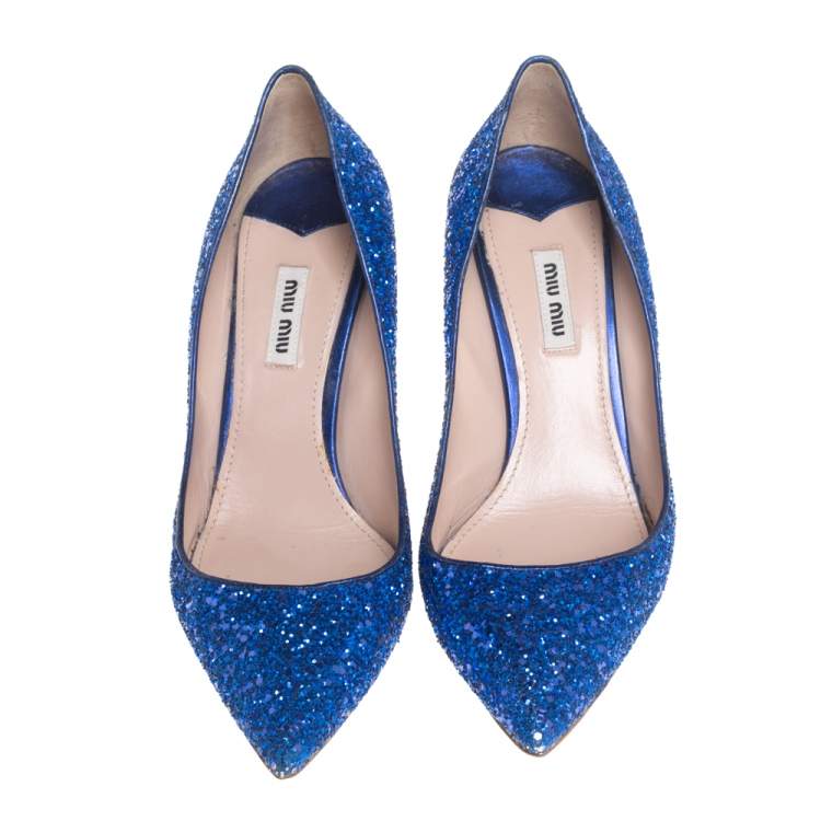 Pre Owned Miu Miu Blue Glitter Pointed Toe Pumps Size 39.5
