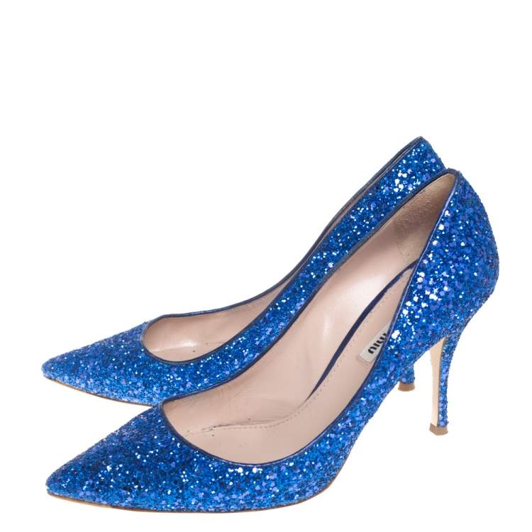 Pre Owned Miu Miu Blue Glitter Pointed Toe Pumps Size 39.5