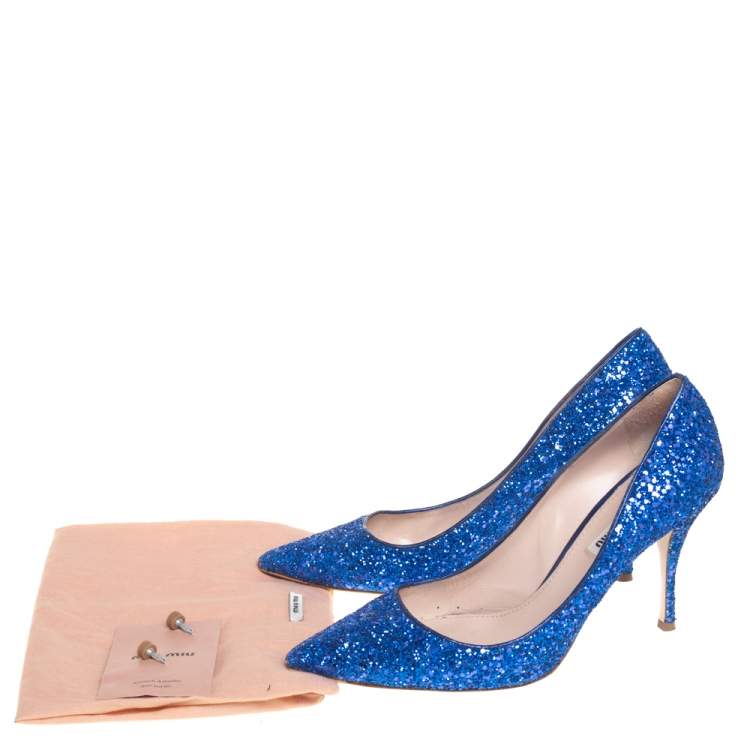 Pre Owned Miu Miu Blue Glitter Pointed Toe Pumps Size 39.5