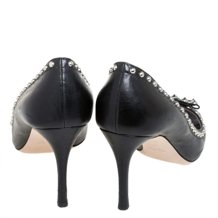 Pre Owned  Miu Miu Black Leather Spike Embellishment Peep Toe Pumps Size 39.5