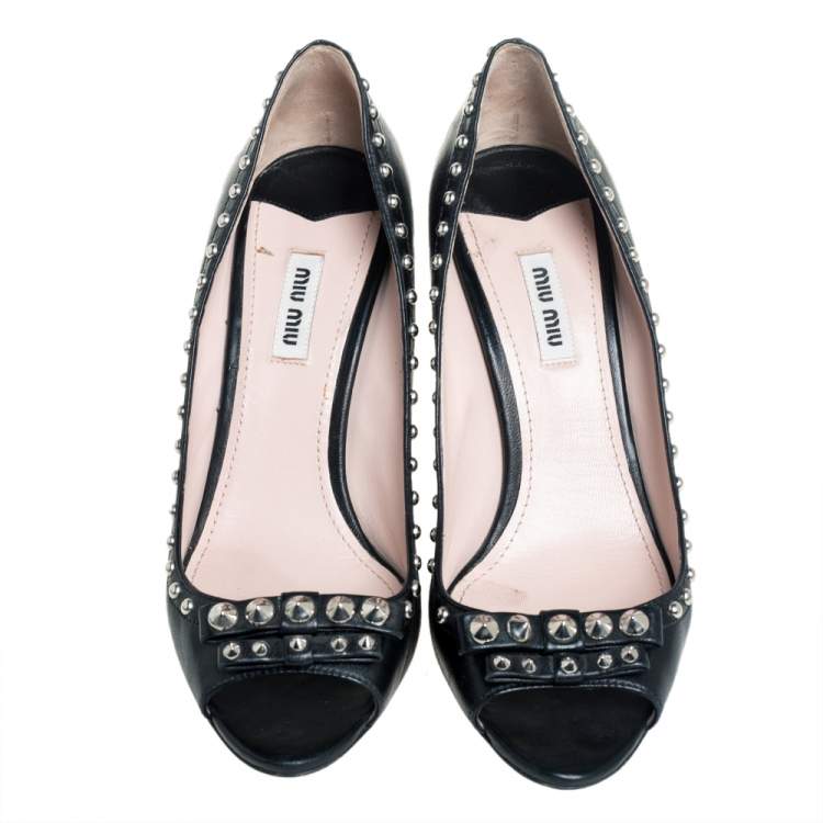 Pre Owned  Miu Miu Black Leather Spike Embellishment Peep Toe Pumps Size 39.5