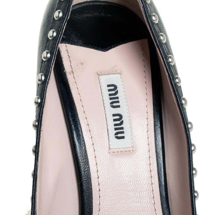 Pre Owned  Miu Miu Black Leather Spike Embellishment Peep Toe Pumps Size 39.5