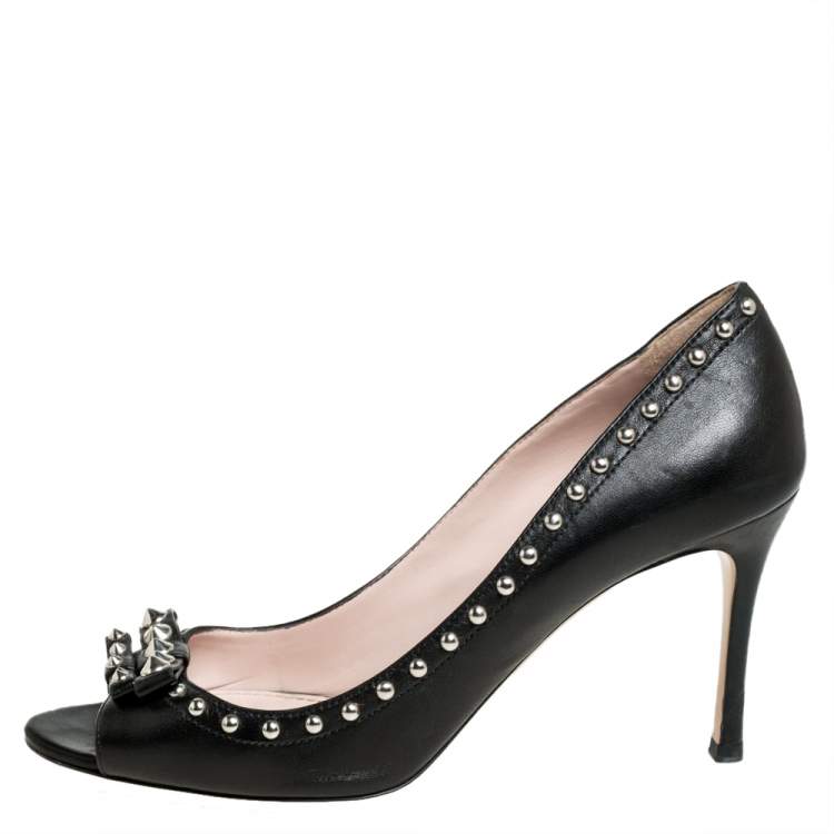 Pre Owned  Miu Miu Black Leather Spike Embellishment Peep Toe Pumps Size 39.5