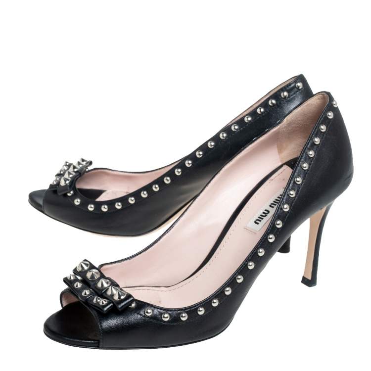 Pre Owned  Miu Miu Black Leather Spike Embellishment Peep Toe Pumps Size 39.5