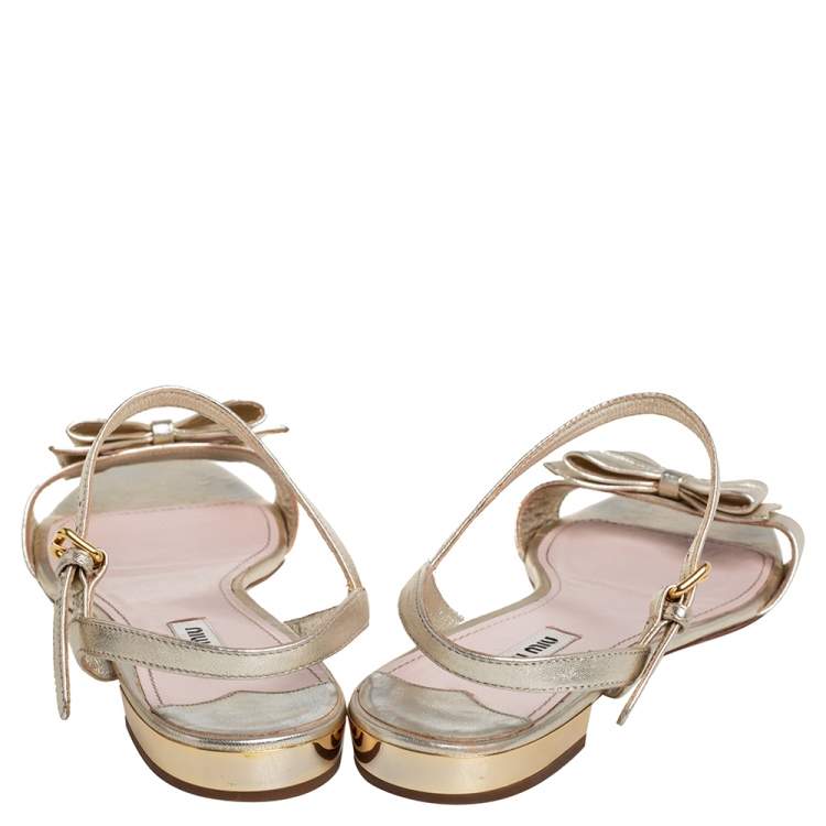 Pre Owned Miu Miu Gold Leather Ankle Strap Sandals Size 40
