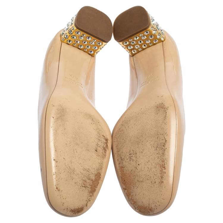 Pre Owned Miu Miu Beige Patent Leather Embellished Heel Pumps Size 37.5