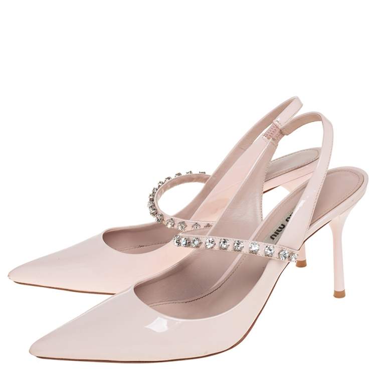 Pre Owned Miu Miu Pink Patent Leather Crystal Embellished Slingback Pump Size 38