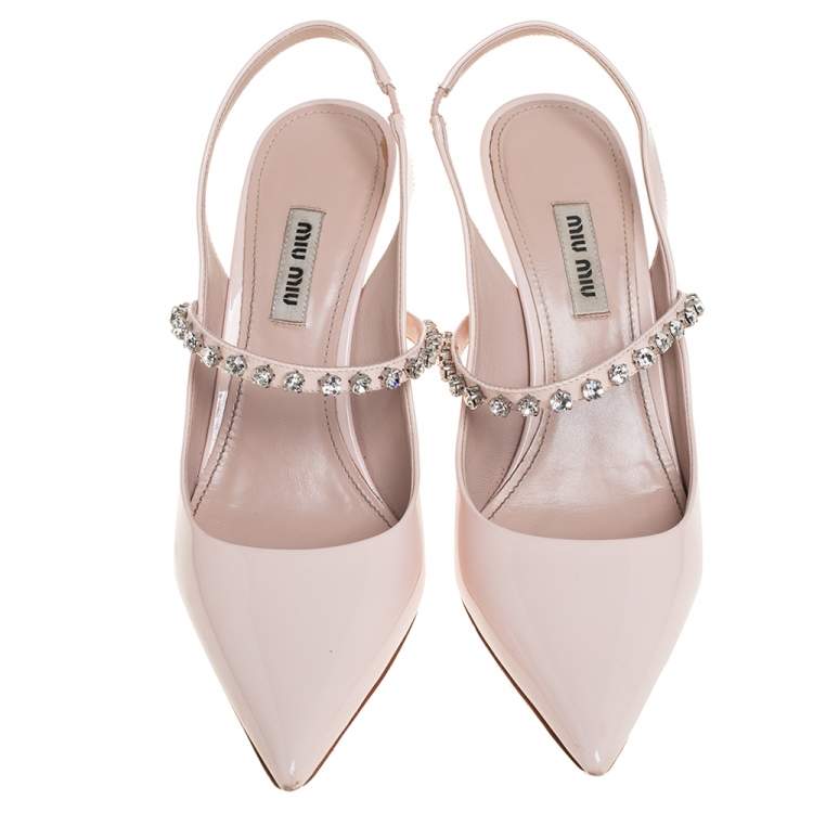 Pre Owned Miu Miu Pink Patent Leather Crystal Embellished Slingback Pump Size 38