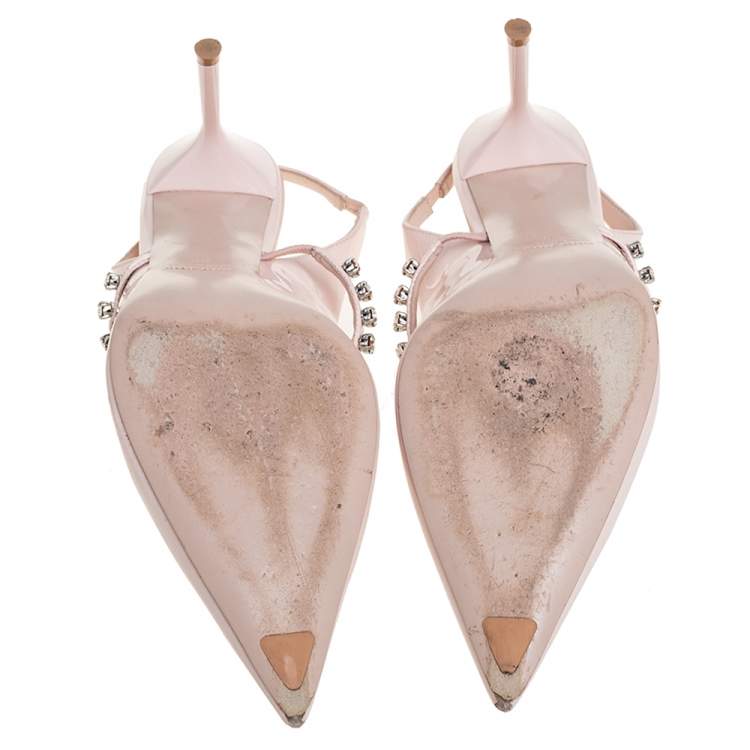 Pre Owned Miu Miu Pink Patent Leather Crystal Embellished Slingback Pump Size 38