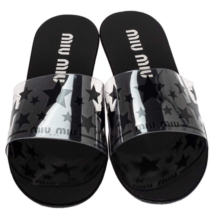 Pre Owned Miu Miu Black/White Star Print PVC Slide Sandals Size 39