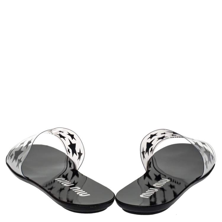 Pre Owned Miu Miu Black/White Star Print PVC Slide Sandals Size 39