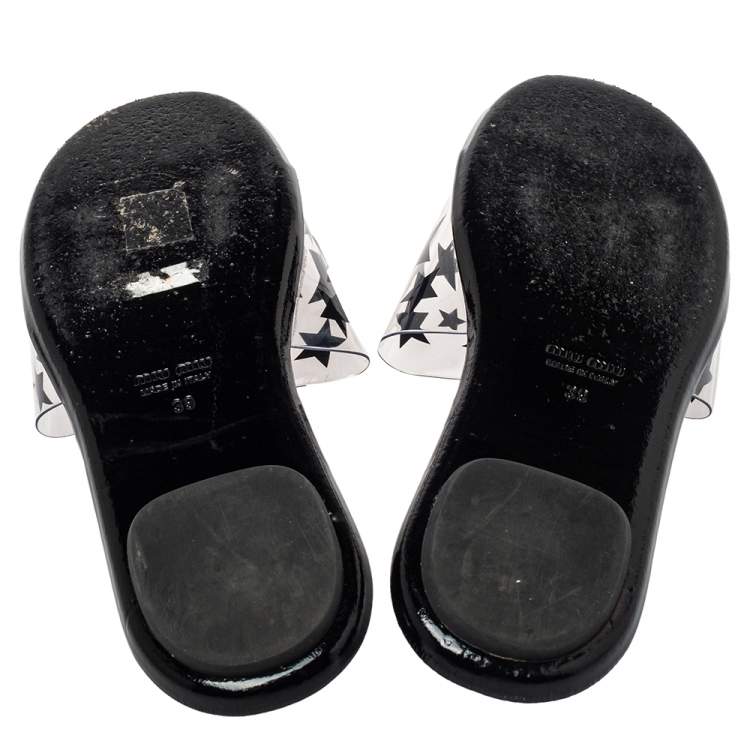Pre Owned Miu Miu Black/White Star Print PVC Slide Sandals Size 39