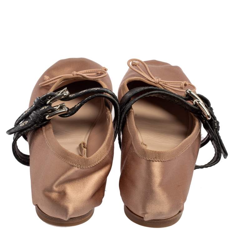 Pre Owned Miu Miu Beige/Black Satin Buckle Ballet Flats Size 36.5
