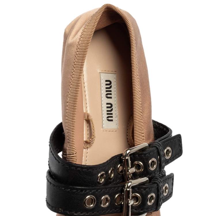 Pre Owned Miu Miu Beige/Black Satin Buckle Ballet Flats Size 36.5