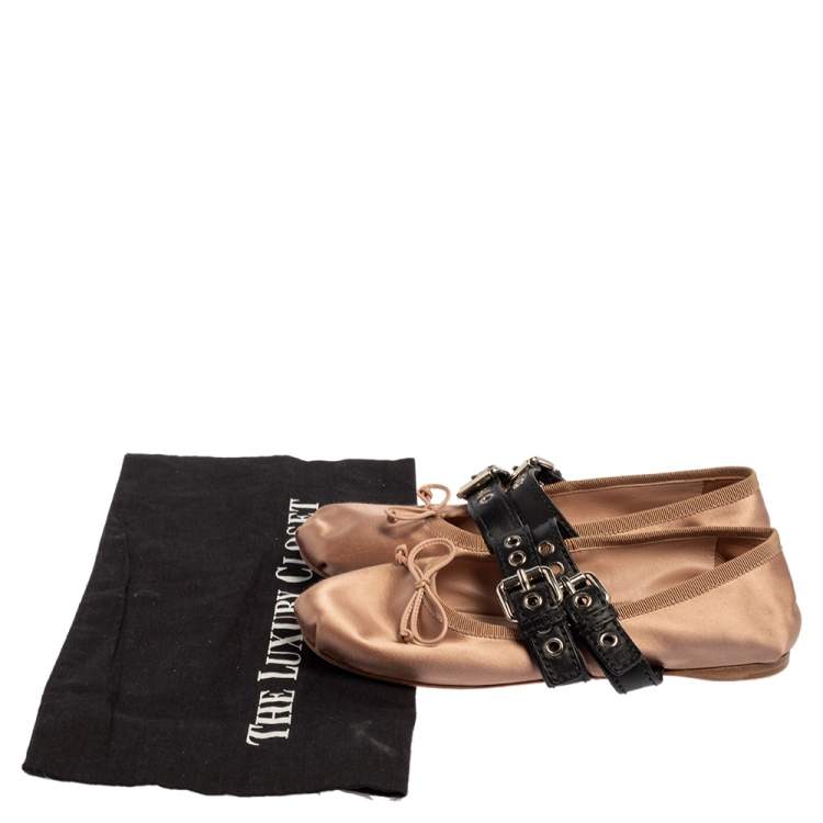 Pre Owned Miu Miu Beige/Black Satin Buckle Ballet Flats Size 36.5
