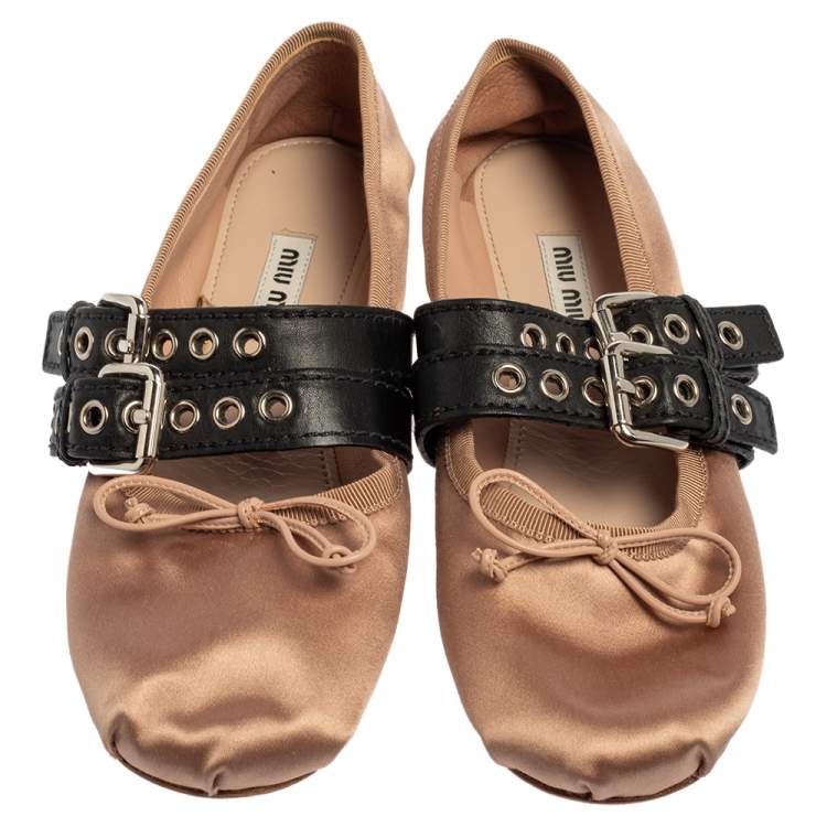Pre Owned Miu Miu Beige/Black Satin Buckle Ballet Flats Size 36.5