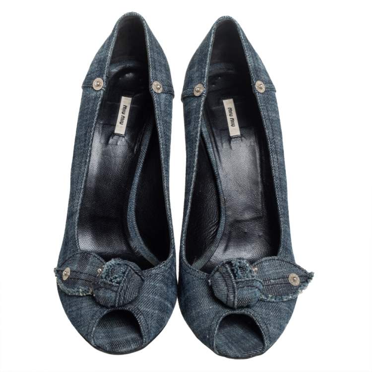 Pre Owned Miu Miu Blue Denim Peep-toe Pumps Size 41