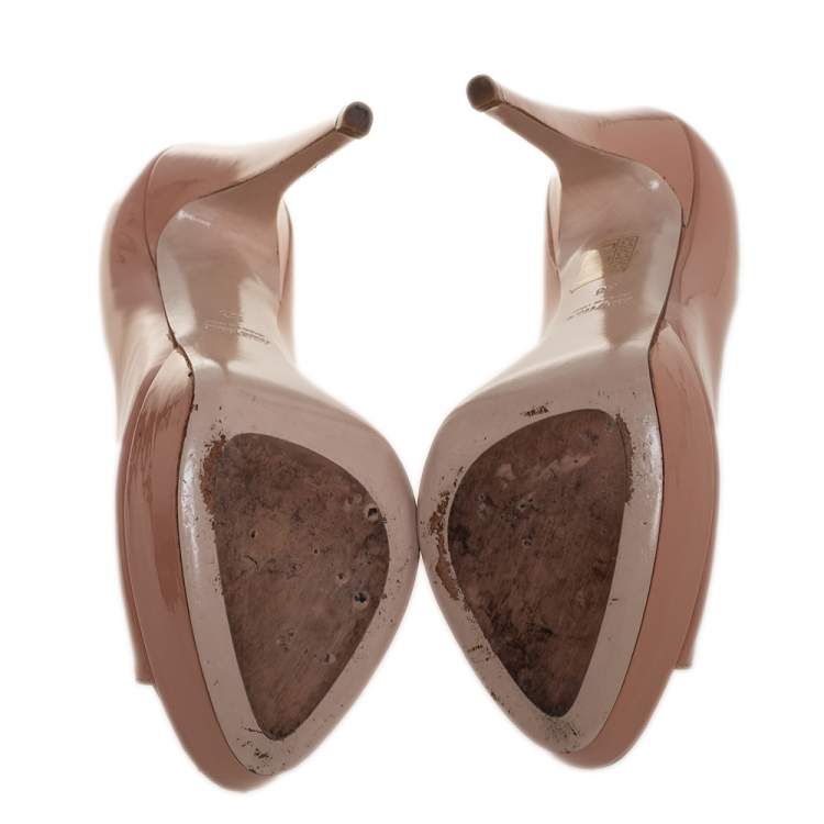 Pre Owned Miu Miu Nude Beige Patent Leather Peep Toe Pumps Size 38