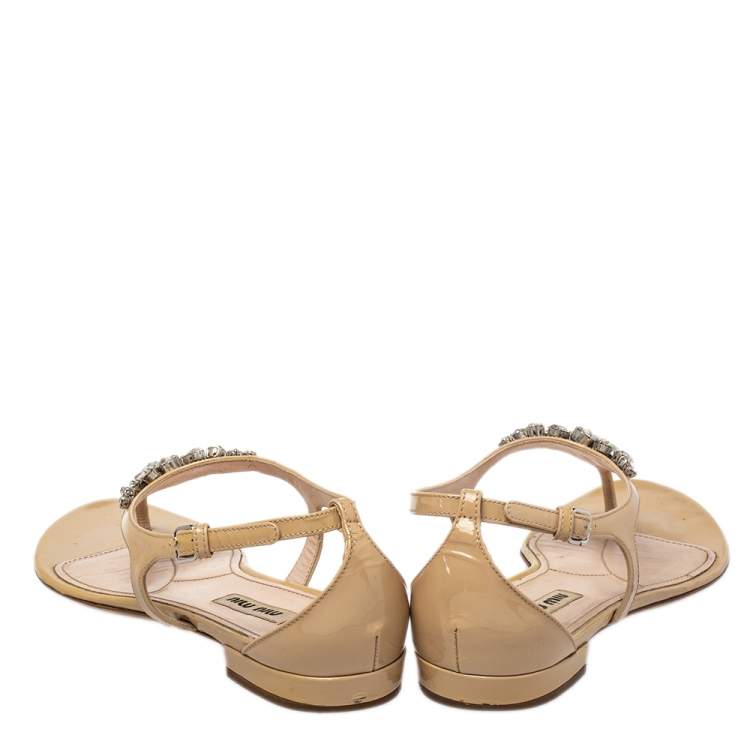 Pre Owned Miu Miu Beige Patent Leather Crystal Embellished Thong Flat Sandals Size 37.5