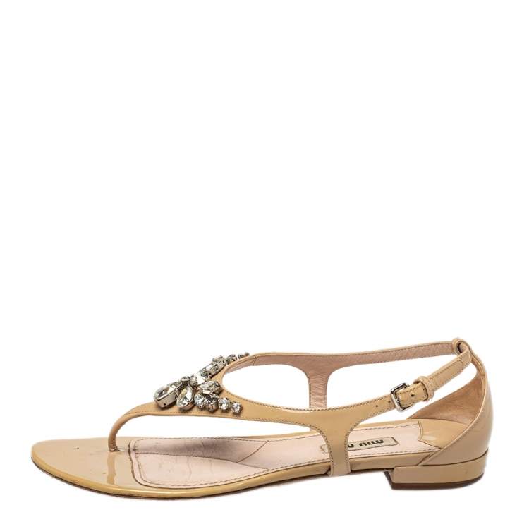 Pre Owned Miu Miu Beige Patent Leather Crystal Embellished Thong Flat Sandals Size 37.5