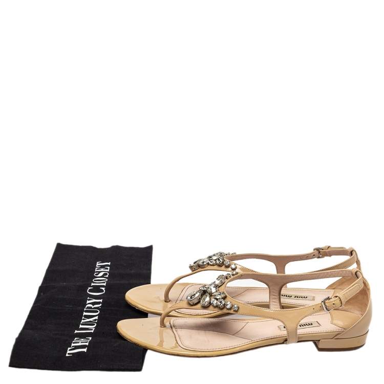 Pre Owned Miu Miu Beige Patent Leather Crystal Embellished Thong Flat Sandals Size 37.5