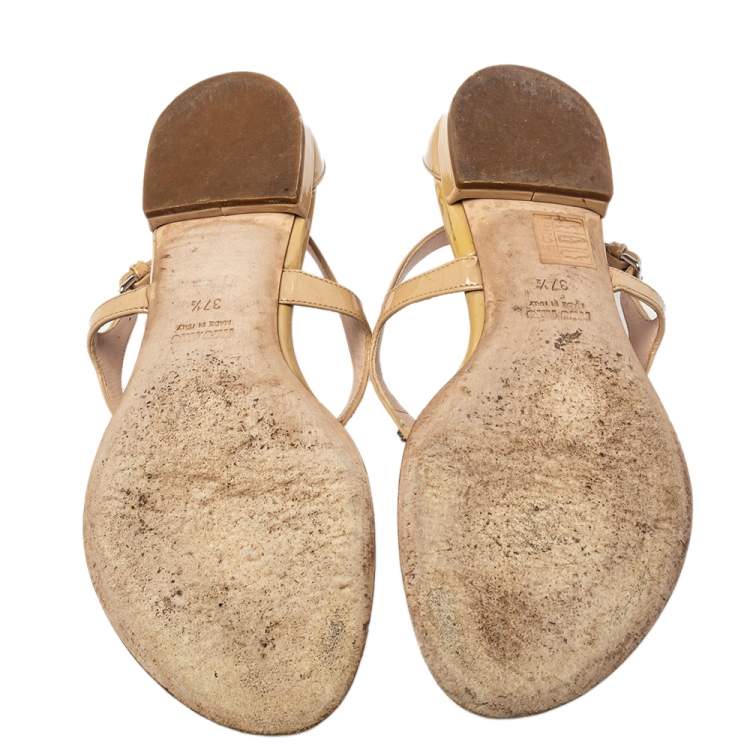 Pre Owned Miu Miu Beige Patent Leather Crystal Embellished Thong Flat Sandals Size 37.5
