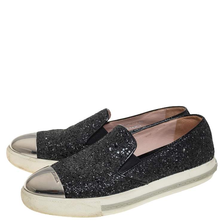 Pre Owned Miu Miu Black Glitter And Metal Cap Toe Slip On Sneakers Size 36.5