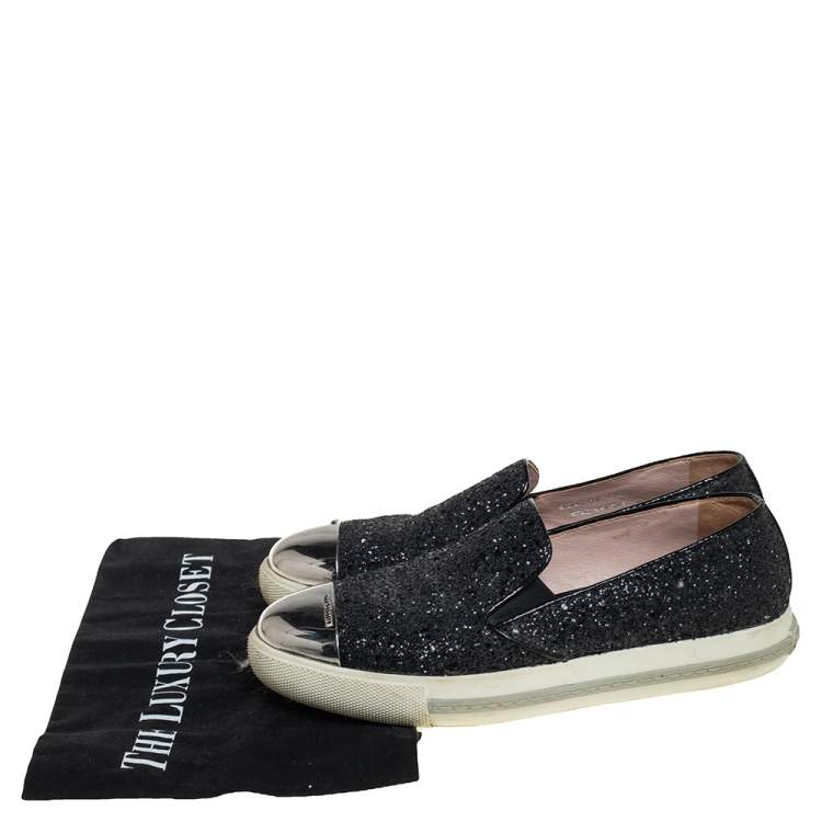 Pre Owned Miu Miu Black Glitter And Metal Cap Toe Slip On Sneakers Size 36.5