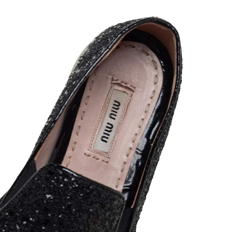 Pre Owned Miu Miu Black Glitter And Metal Cap Toe Slip On Sneakers Size 36.5