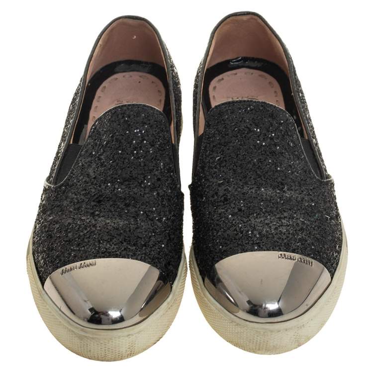 Pre Owned Miu Miu Black Glitter And Metal Cap Toe Slip On Sneakers Size 36.5