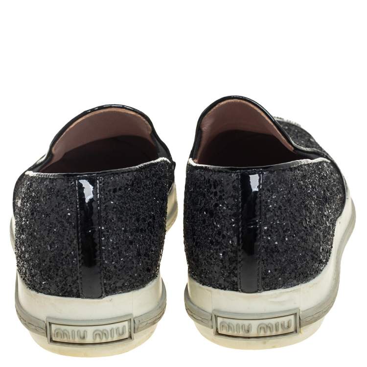 Pre Owned Miu Miu Black Glitter And Metal Cap Toe Slip On Sneakers Size 36.5