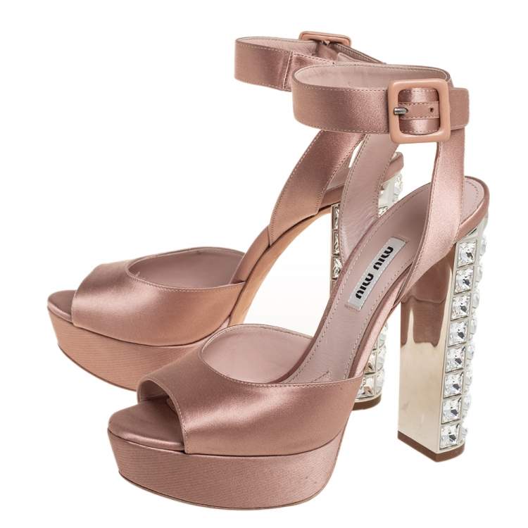 Pre Owned Miu Miu Beige Satin Crystal Embellished Heel Platform Ankle Strap Sandals Size 37