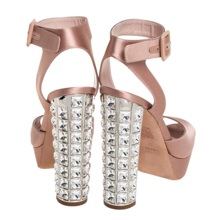Pre Owned Miu Miu Beige Satin Crystal Embellished Heel Platform Ankle Strap Sandals Size 37