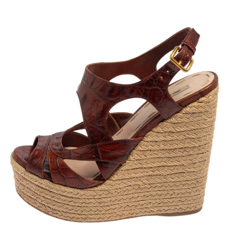 Pre Owned Miu Miu Brown Embossed Leather Espadrille Wedge Sandals Size 37.5